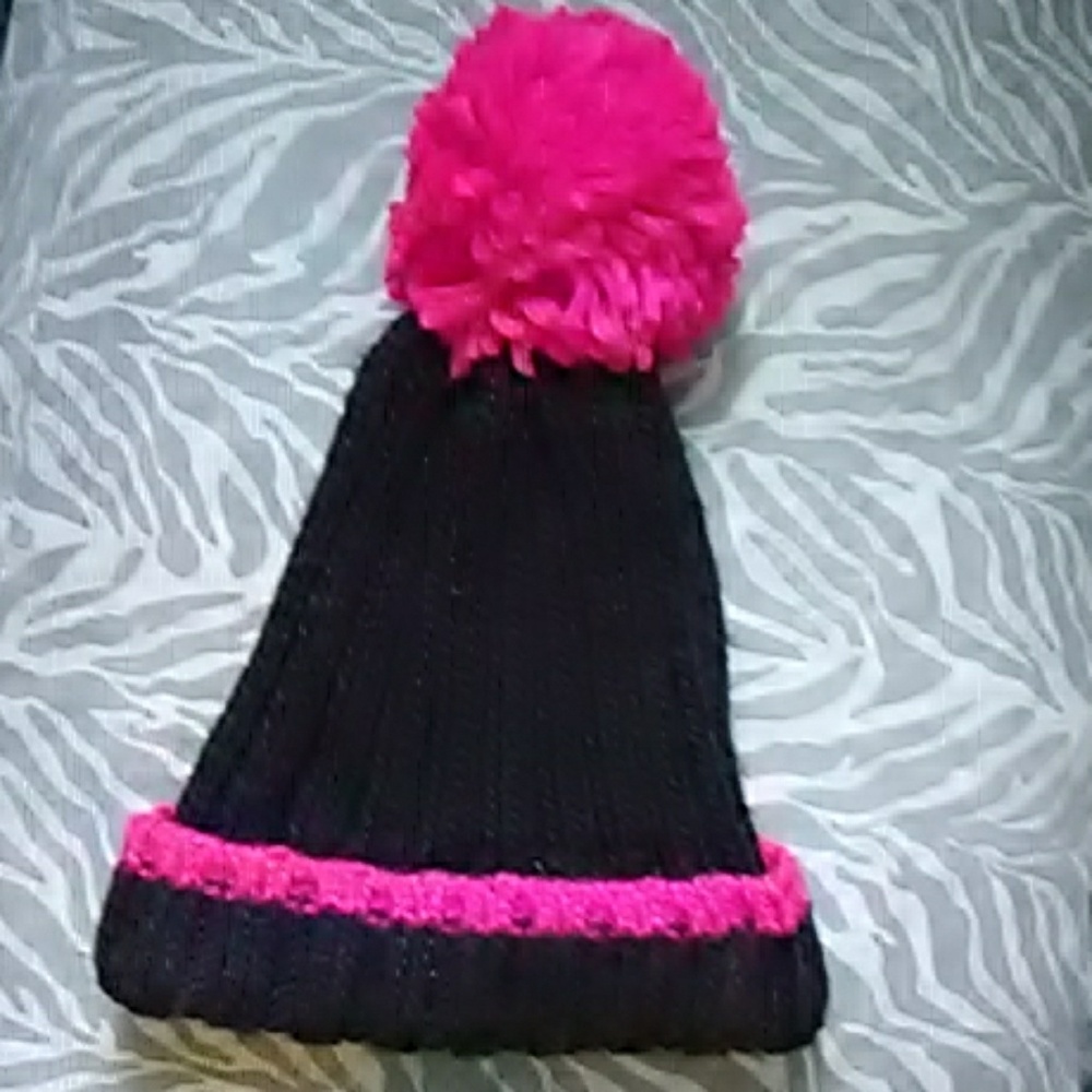 Knitted Pink and Black Pom Pom Hat